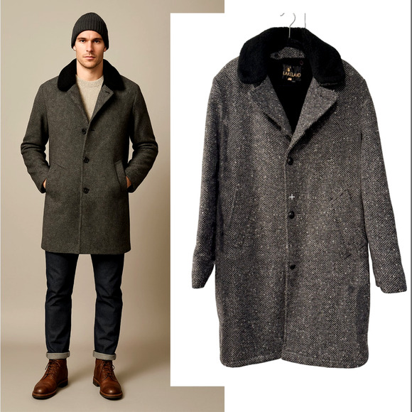 Huckberry Vintage XL Tweed 100% Wool Shearling Coat $550 Long Jacket Black Gray - Picture 13 of 13